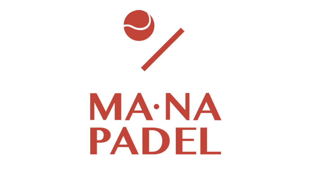Czerwone logo z piłką i ukośną kreską nad napisem MA·NA PADEL